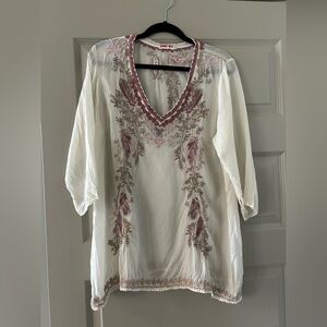 Johnny Was Cream and Pink Embroidered Blouse
